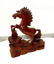 Decorated wooden horse statue with red and golden hues. Vintage Carved Wooden Horse To Success And Prosperity Solid Rosewood Horse Ornament With Base Zodiac Horse Fengshui Chinese Decoration Wood Horse Sculpture Vintage Collectibles Vintage Collectibles On Carousell