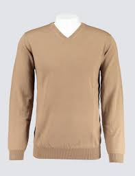 Men S Camel V Neck Merino Wool Sweater Slim Fit Hawes Curtis