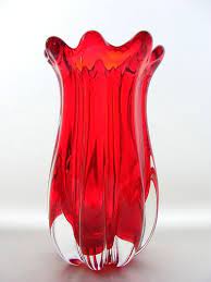 Vintage reijmyre swedish ruby red footed art glass martini pitcher carfae 12 1/4 vintage ruby red crackle glass clear footed ruffled edge vase 7 7/8 #unknown #artdeco. Whitefriars Ruby Lobed Glass Vase Pattern Number 9873 Vase Crafts Chinese Vase Decor Vases Decor