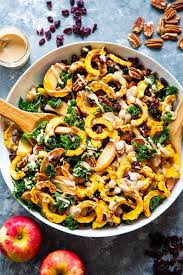 This Harvest Kale Salad Is Packed To The Max With Goodies Perfectly Roasted Delicata Squash Apples Pecans Delicata Squash Delicata Squash Recipe Kale Salad