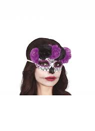 Antifaz Catrina con flores lilas y negras para completar tu disfraz