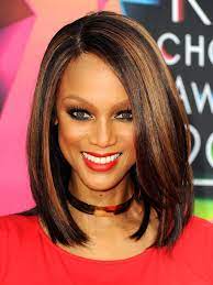 Celebrity Tyra Banks Medium Shoulder Mixed Color Popular Straight Hairstyle Lace Front Synthetic Wig Medium Hair Styles Long Bob Hairstyles American Hairstyles