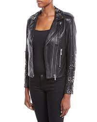 Nour Hammour Oceane Zip Front Lambskin Leather Jacket W Sequin Embroidery Lambskin Leather Jacket Sequins Embroidery Leather Jacket