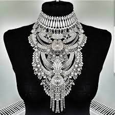 Oxidised Silver And Rhinestone Layered Bib Necklace Silver Necklace Statement Bib Necklace Choker Style