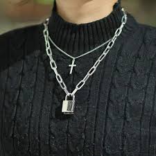 punk cross chain square lock necklace