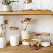 Japan Zakka Style Glass Spice Jar Kitchen Canisters Cookie Jars Wooden Lid 3 Pieces Spices Storage Box Can Kitchen Jars Storage Glass Food Storage Kitchen Jars