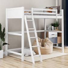 Jasper twin junior loft bed, dove gray frame and blue/red playhouse tent. Amazon Com Ladder Twin Bunk Wooden Loft Bed Over Desk Kids Teen Bedroom White Wood Furniture Legendary Yes Furniture Decor