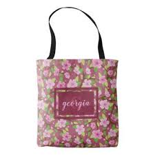 Sakura Flower Illustration With Name And Monogram Tote Bag Floral Style Flower Flowers Stylish Diy Personalize Monogram Tote Bags Sakura Flower Tote Bag