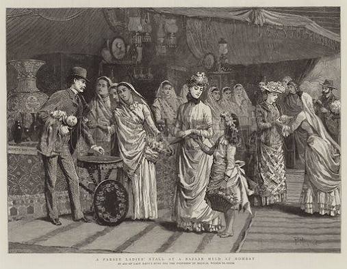 A Parsee Ladies' Stall at a Bazaar held at Bombay stock image | Look and Learn