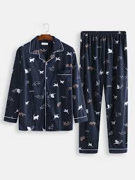 Men Cute Cat Print Pajamas Cotton Comfortable Button Down Home Sleepwear Ad Print Pajamas Cat Men Cute Ad Pakaian Set Gaya Busana Model Pakaian