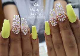 Yellow Nails Acrylics White Flower Design Free Handed Flower Nail Art Long Nails Nails Yellow Nails Long Nails