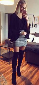 Black And White Checkered Mini Skirt Outfit Shirt Blouses Black And White Plaid Skirt Outfit The Over Knee High Boot Winter Fall Fashion Out Fall Fashion Outfits Miniskirt Outfits Plaid Skirt Outfit