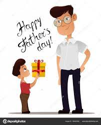 Happy Fathers Day greeting card. Son giving present to his father on holiday. Cute cartoon characters. Vector illustration on white background. Stock Vector by ©VectorKIF 156440364