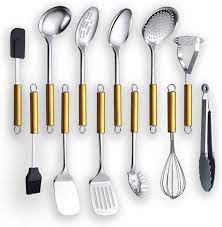 The 12 pieces silicone kitchen utensils will satisfy all your needs for cooking. Amazon Com Cooking Utensil Set 12 Piece Kyraton Stainless Steel Gold Handle Kitchen Utensil Set Kitchen Tool Set Include Cooking Spoon Ladle Skimmer Potato Masher Spatulas Ect 12pcs Kitchen Dining