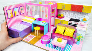 Itemsbox diy pack of 11 putz style glitter farmhouse village houses unassembled corrugated cardboard houses. Diy Miniature Cardboard House 10 Pink Bedroom Decor Youtube
