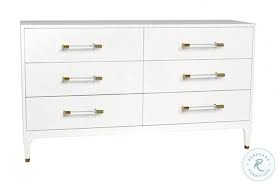 Bowed white lacquered queen bed. Maren Lacquered White Linen With Antique Brass And Acrylic 6 Drawer Dresser Chest From Worlds Away Coleman Furniture