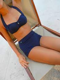Classic Navy High Waisted Retro Bikini Bathing Suit Kdunann Vintage Bathing Suits Retro Bathing Suits Flattering Swimsuits