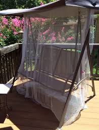 How do i make a replacement canopy for an outdoor swing? Mosquito Cover For Patio Swing Using 4 Ikea Net Curtains Stitched The Two 110 Panels Together And Draped Over Swing Patio Swing Backyard Swings Swing Cover