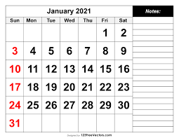 Free Download January 2021 Calendar with Notes Section