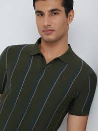 Raymond Dark Green Regular Fit Striped Polo T-Shirt