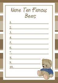Printable Shower Game Ten Famous Bears A List Of Example Answers Are Listed Down B Baby Bear Baby Shower Bear Baby Shower Theme Teddy Bear Baby Shower Theme