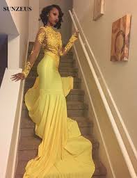 Yellow Prom Dress Long Sleeve Prom Dress With Train African Prom Dress For Black Prom Dresses Yellow Prom Dresses Long With Sleeves Black Girl Prom Dresses