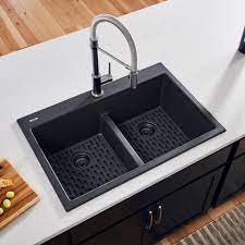 Practical design with rv and tiny home kitchens in mind: Ruvati 33 X 22 Inch Epigranite Drop In Topmount Granite Composite Double Bowl Low Divide Kitchen Sink Midnight Black Rvg1385bk Ruvati Usa