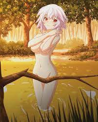 1girls bathing big breasts blue hair blush breasts busty  convenient censoring covering covering breasts female female only game cg  highres infinite stratos large breasts legs nature navel nude red