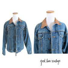 Denim Jacket Men Leather Collar Unisex 80s 90s Size Small Etsy Denim Jacket Men Vintage Clothing Men Denim Jacket