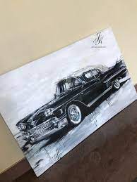 Large Retro Car Painting Black Car Retro Car Hand Made Art Classic Car Original Painting Modern Ac Car Painting Gold Abstract Painting Acrylic Painting Canvas