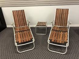 Vintage Aluminum Folding Chaise Lounge Set Redwood Lawn Chair End Side Table Pool Mid Century Furniture Wood Modern Outdoor Seating Lawn Chairs Outdoor Chairs