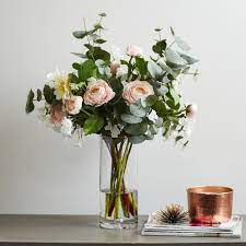 Blush Real Touch Ranunculus Cream Dahlia Eucalyptus Everyday Spring Floral Arrangement In Tall Glass Vase Flower Vase Arrangements Spring Floral Arrangements Spring Flower Arrangements