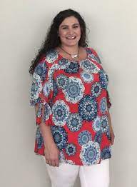 Plus Size Women S Summer Clothing Red Medallion Tunic Available In Xl 3xl Plus Size Summer Tops Plus Size Womens Clothing Plus Size Women S Tops