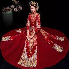 Red Chinese Wedding Bride Cheongsam Traditional Style Marry Evening Dress Embroidery Long Qipao Womens Clothing Plu Chinese Wedding Dress Chinese Bride Dresses