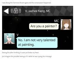How Is He Even Texting He S Basically Blind Mystic Messenger Funny Mystic Messenger V Mystic Messenger Memes