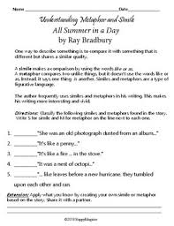 all summer in a day by ray bradbury figurative language worksheets and chart