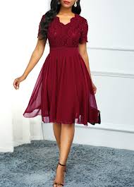 High Waist Lace Panel Short Sleeve Red Dress Rosewe Com Usd 29 70 Lace Panel Dress Red Dress Sleeves Short Sleeve Dresses