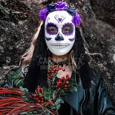 Mascara Catrina Flores Moradas Velo Disfraz Día De Muertos