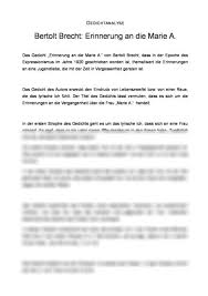 Gedichtanalyse Erinnerung An Die Marie A Von Bertolt Brecht Interpretation Ich habe aber keine ahnung von den stilmitteln oder um was es in dem gedicht geht, da ich es null verstehe. gedichtanalyse erinnerung an die marie