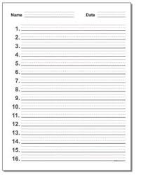 This paper has a page of lines with dashed center guide lines as an aid for improving penmanship. Handwriting Paper