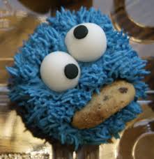 Blue Buttercream With Grass Tip Fondant Eyeballs And A Real Mini Chocolate Chip Cookie Mini Chocolate Chip Cookies Mini Chocolate Chips Chocolate Chip Cookies