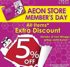 On the member day 5th & 20th every month, customers owning an aeon membership card when shopping at aeon mall tan phu celadon shopping center will receive 01 point for each bill from vnd 2,000,000. Disc 5 All Items At Aeon Store July 2019 Aeon Mall Jakarta Garden City