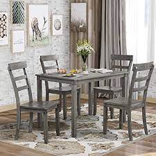 Amazon Com Merax Farmhouse Style Kitchen Table Set 5 Piece Wooden Dining Table Set Rectangular Table And 4 High Back Chairs For Small Space Grey Furniture Decor