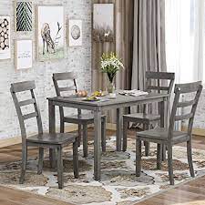 Maybe you would like to learn more about one of these? Amazon Com Merax Farmhouse Style Kitchen Table Set 5 Piece Wooden Dining Table Set Rectangular Table And 4 High Back Chairs For Small Space Grey Everything Else