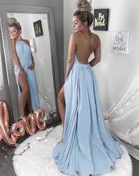 Simple Light Blue Open Back Prom Dress Blue Evening Dress With Split Halter Prom Dresses Evening Dresses Prom Backless Prom Dresses