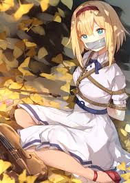 kaga mi, destiny (takt op.), takt op., absurdres, highres, 1girl, arms  behind back, bdsm, blue eyes, bondage, bound, bound arms, egg vibrator,  gag, gagged, hair ornament, improvised gag, instrument, looking at viewer,