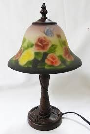 Vintage Art Deco Table Lamp With Reverse Painted Frosted Glass Shade Floral Lamp Classic Desk Art Deco Table Lamps