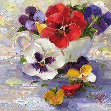 Colorful Cup Of Pansy Flower Painting With A Palette Knife So Very Pretty Floral Painting Art Painting Flower Painting
