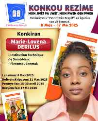 Konkou Rezime liv "NON JWÈT PA JWÈT, NON PWEN GEN PWEN" Vote pou Marie  Lovena DERILUS soti 21 rive 30 avril 2025. 1. Renmen paj la 2. Renmen pòs  la 3. Pataje
