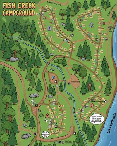 Fish Creek Campground Map – Loops A–D, Site Numbers & Lake McDonald — CampChimp - AI for Camping